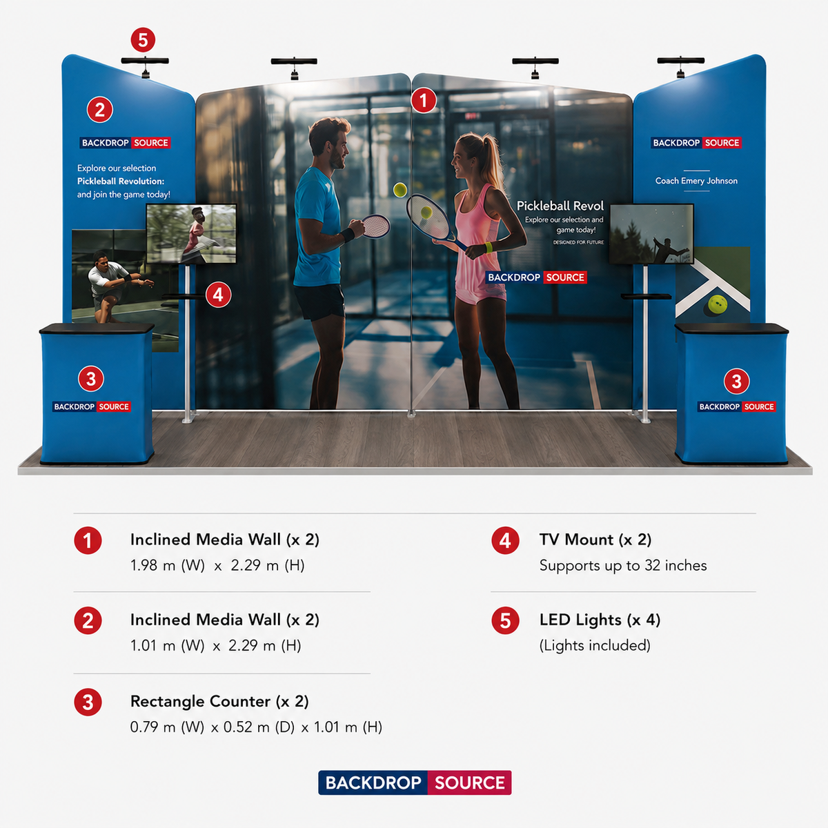 Kit de stand 6x3m avec quatre parois inclinées et 2 comptoirs