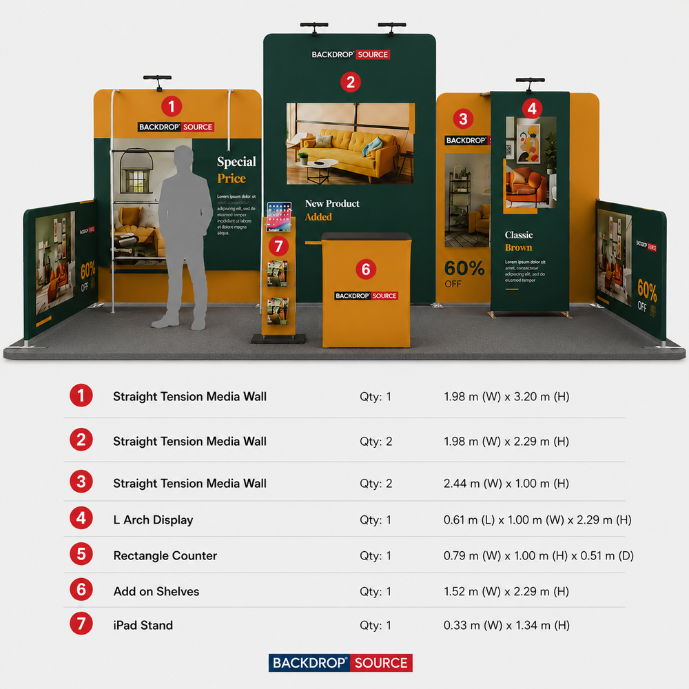 Kit de stand 6x3m avec murs tendus, étagères, comptoir et support pour iPad