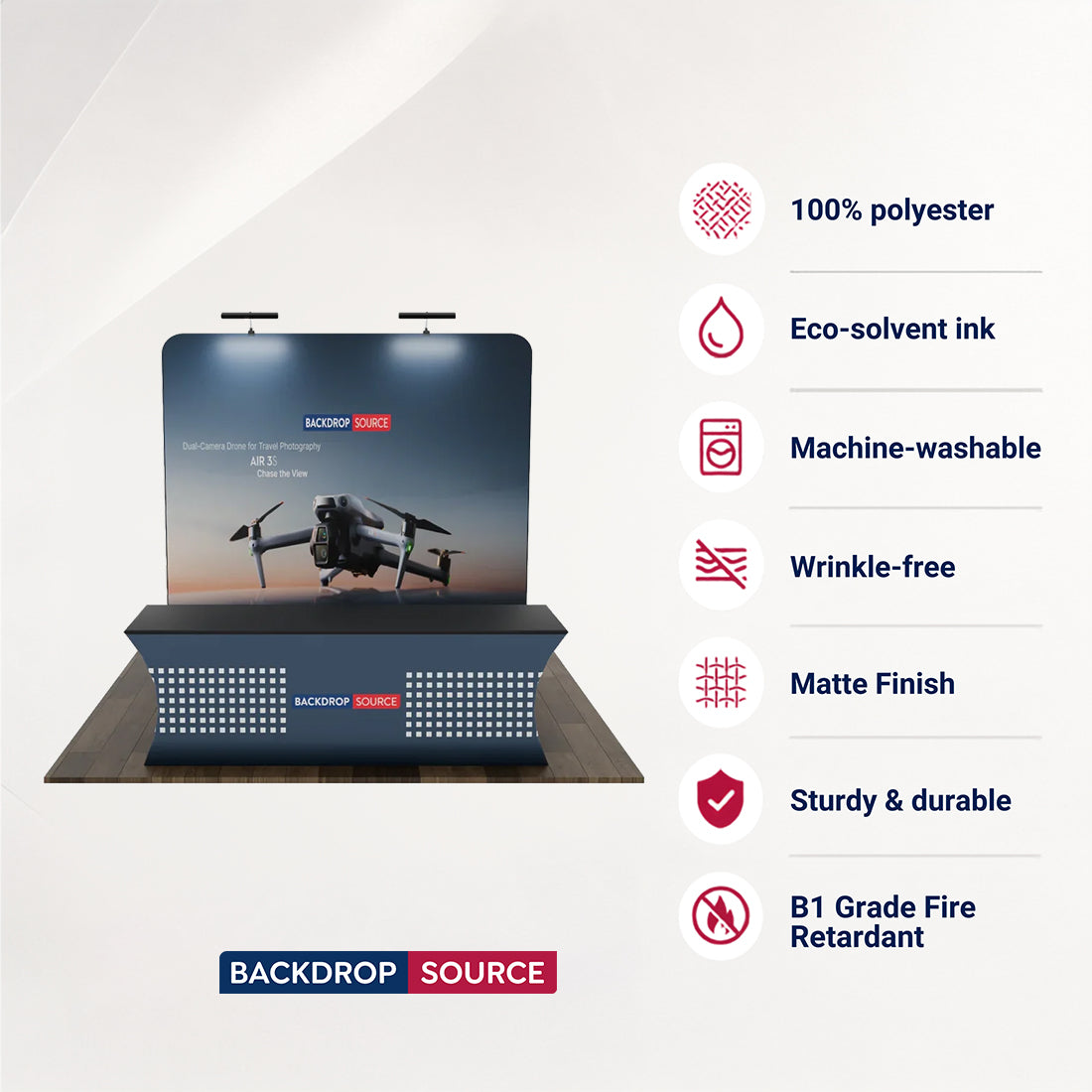 Kit de stand compact 3x3m avec mur arrière et nappe personnalisée