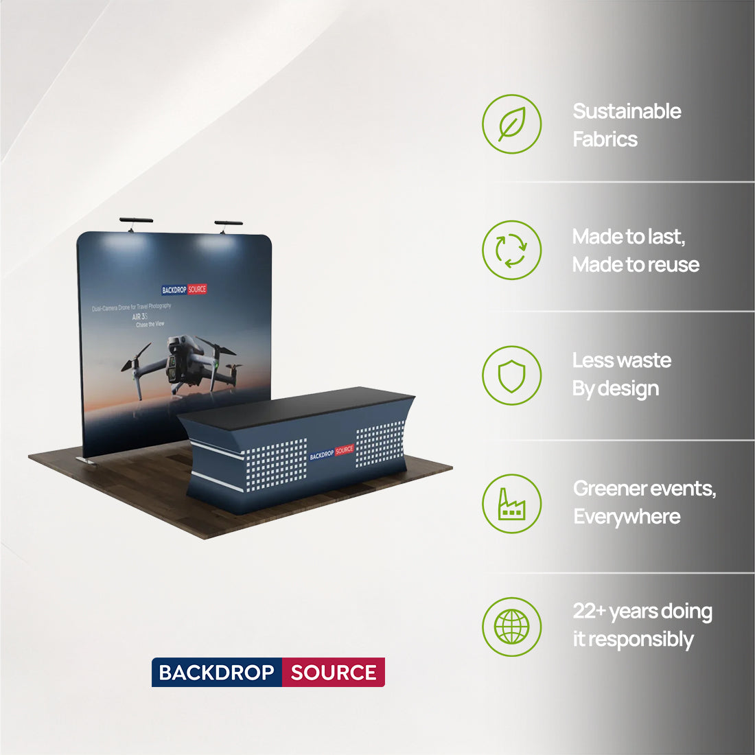 Kit de stand compact 3x3m avec mur arrière et nappe personnalisée