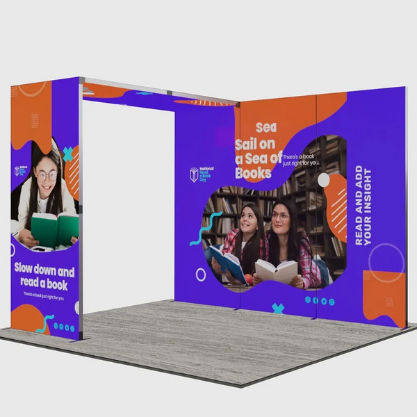 Kit de stand pliable SEG de 3 m avec paroi arrière à 3 panneaux et arche en L