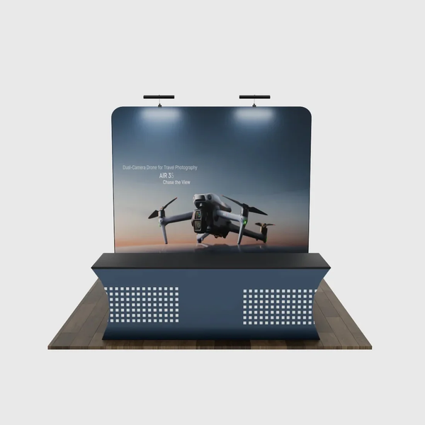 Kit de stand compact 3x3m avec mur arrière et nappe personnalisée