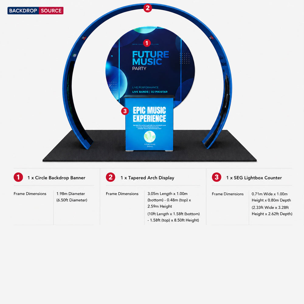 Kit de stand arche conique 3x3m avec fond circulaire et caisson lumineux
