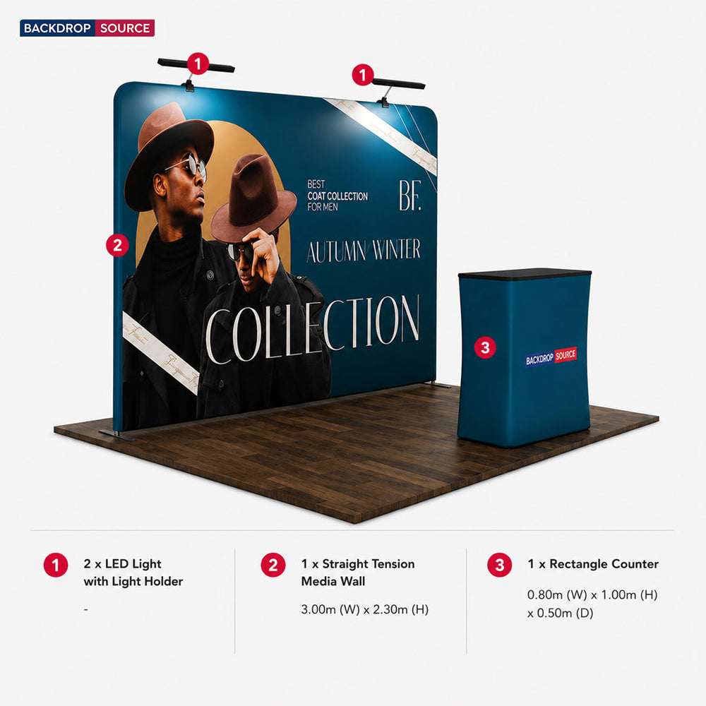 Kit d'exposition droit 3x3m Exhibit Pro 3-en-1 avec éclairage Illume
