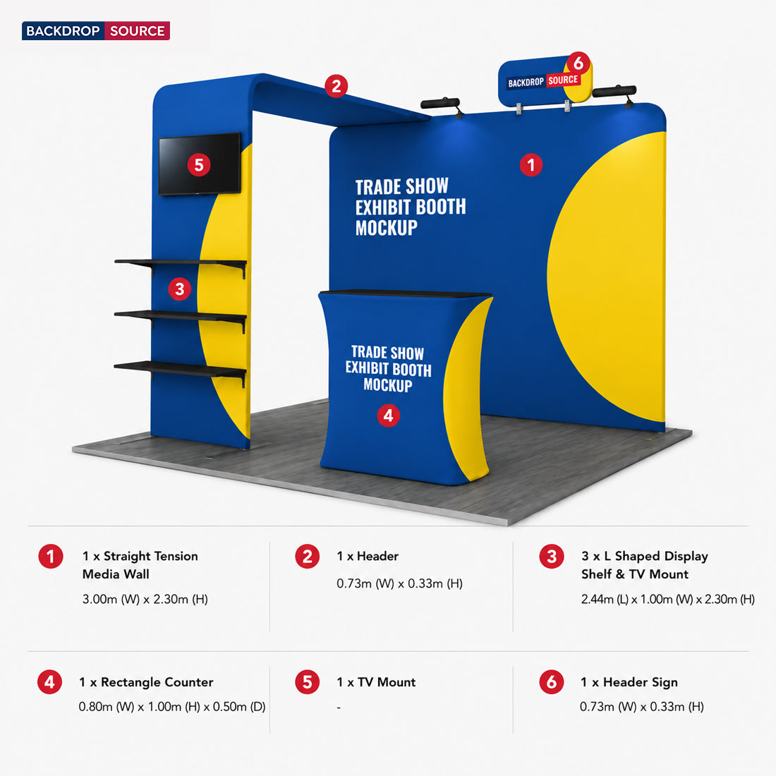 Kit de stand 3x3m avec tour pour écran en L, étagère et comptoir