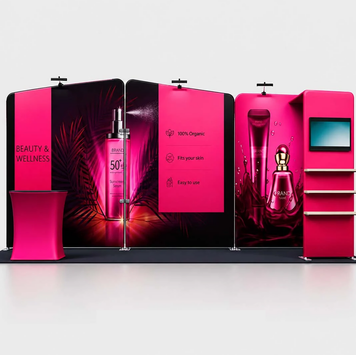 3x6m Booth Kit with Inclined Walls, L-Shape TV Tower & Counter