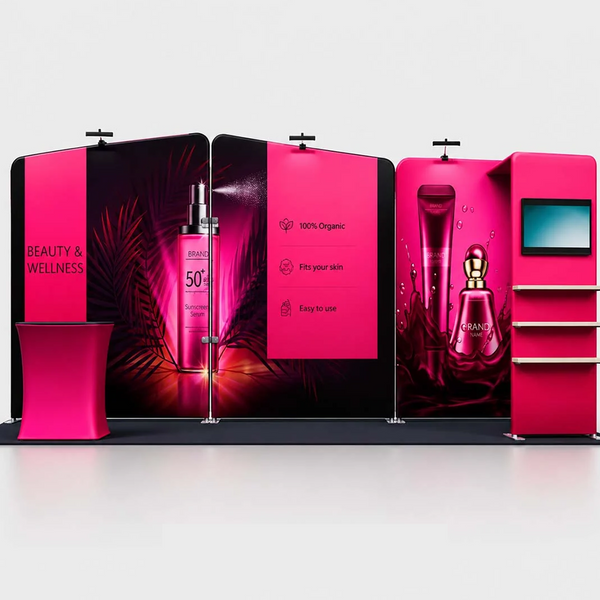 Kit de stand 3x6m avec parois inclinées, tour TV en L et comptoir
