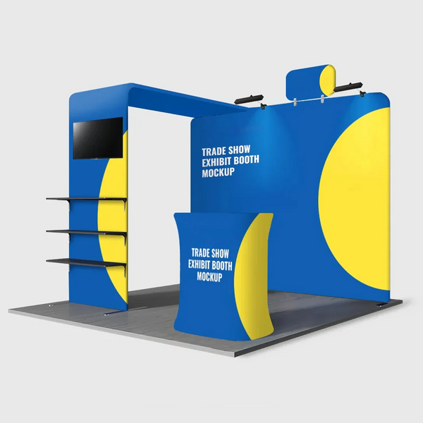 Kit de stand 3x3m avec tour pour écran en L, étagère et comptoir