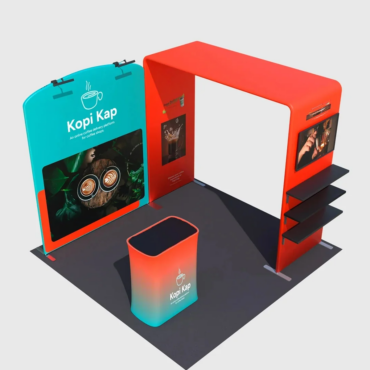 3x3m Booth Kit with Sloped & Square Arches, TV Mount & Counter