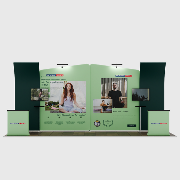 Kit de stand 6x3m avec murs inclinés et incurvés, 2 comptoirs et téléviseurs