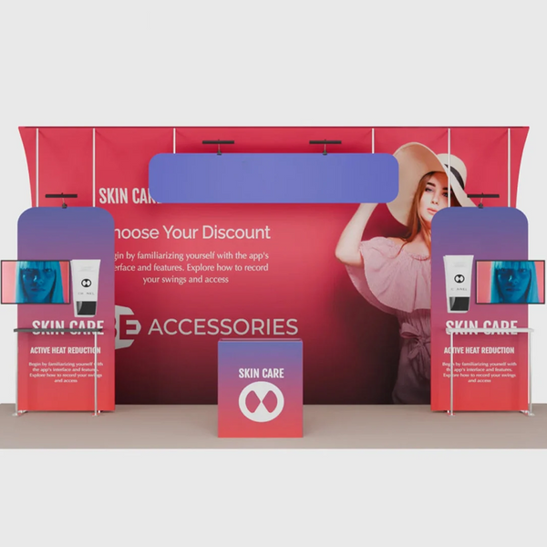 Kit de stand 6x3m avec tours incurvées, étagères et enseigne suspendue