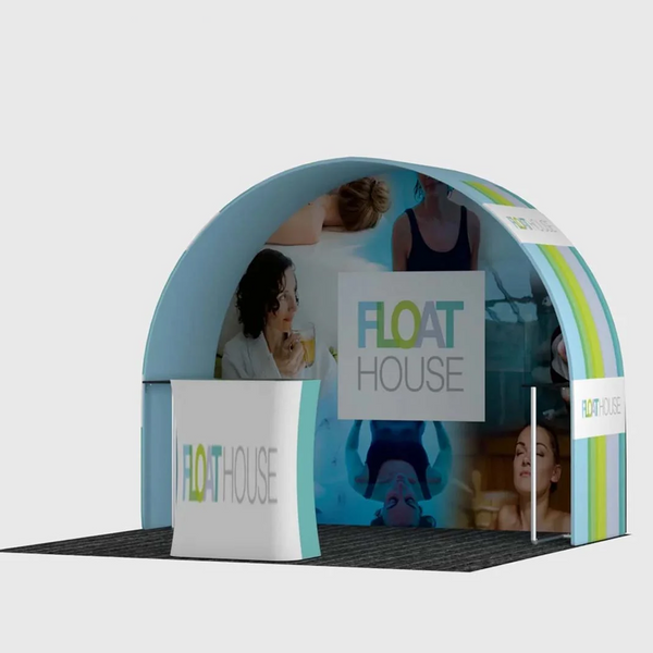 Kit de stand arche ronde 3x3 m avec étagères et comptoir