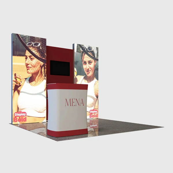 Kit de stand avec mur en tissu 3x3m, support TV et étagères