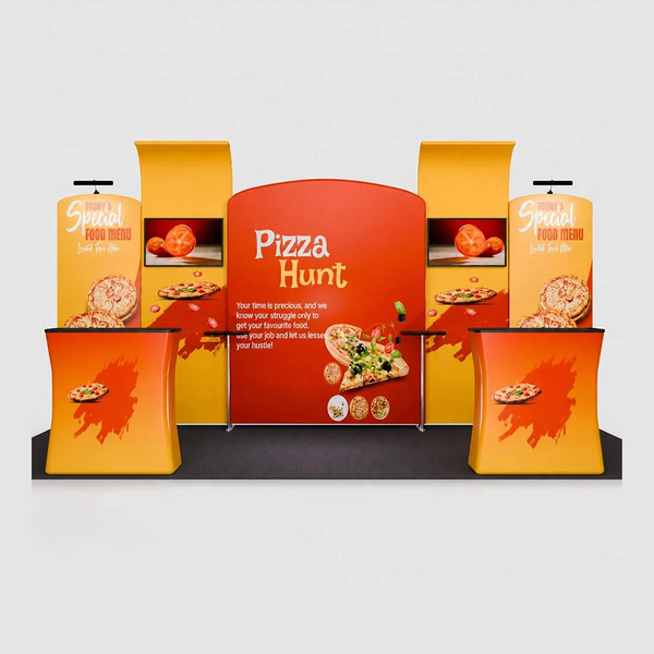 Kit de stand 3x6m avec arches inclinées, murs incurvés et 2 comptoirs