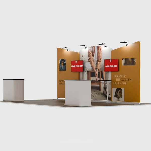 Kit de stand 6x3m avec mur central incurvé et parois latérales inclinées