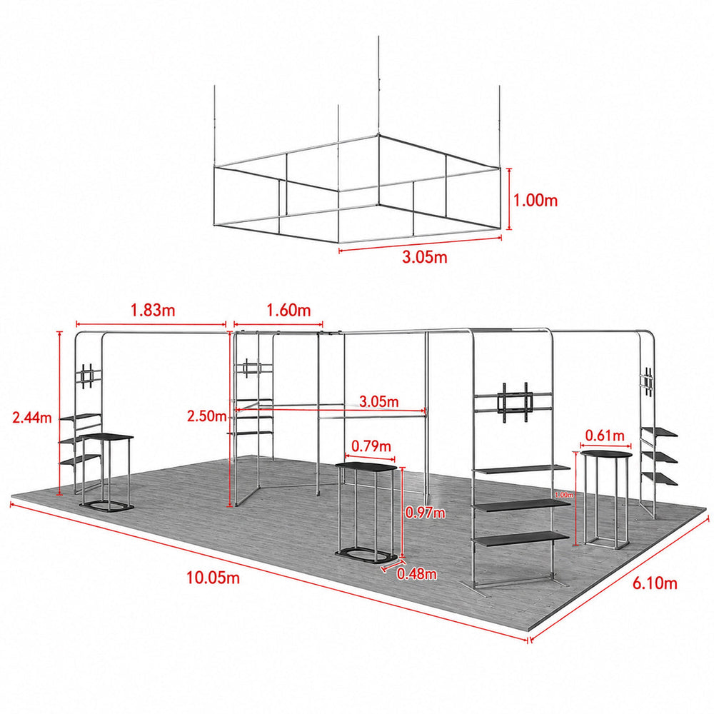 Kit de stand en îlot 9x6 m avec rayonnages hexagonaux de salon et 4 comptoirs