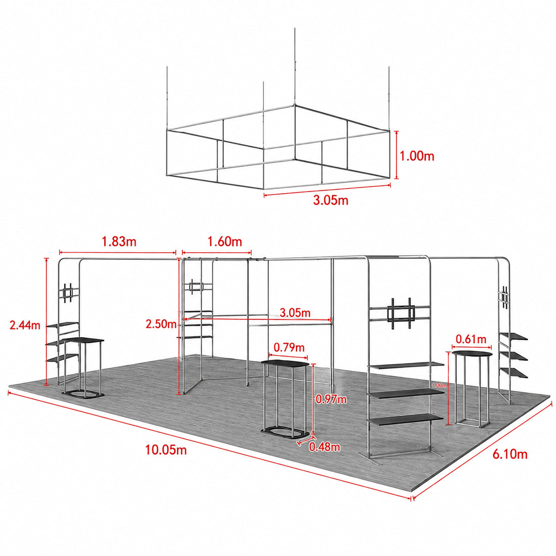 Kit de stand en îlot 9x6 m avec rayonnages hexagonaux de salon et 4 comptoirs