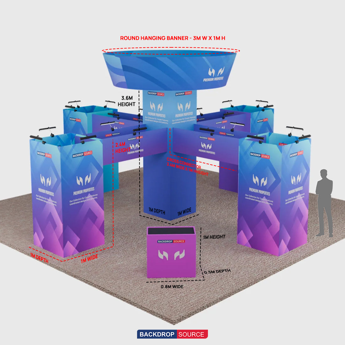 Stand îlot tour cubique 9x9m avec bannière suspendue et comptoirs