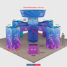 Stand îlot tour cubique 9x9m avec bannière suspendue et comptoirs