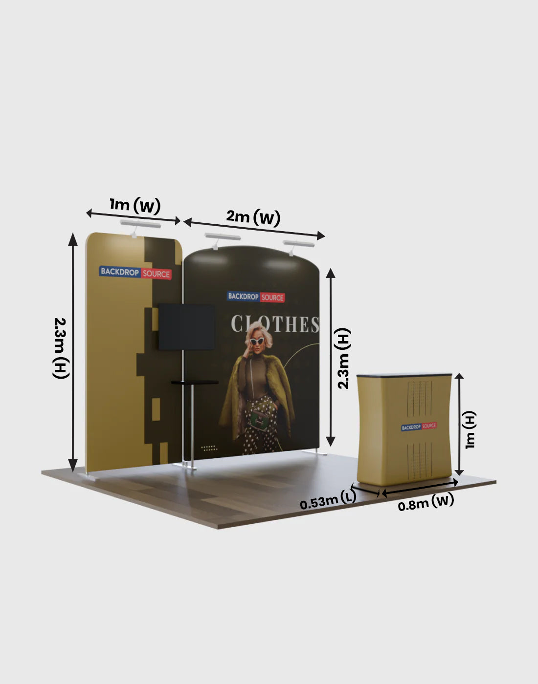 Kit de stand 3x3m avec cloisons inclinées et droites, comptoir et support TV