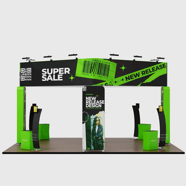 Stand îlot 6x6m avec caissons muraux 3D, 4 comptoirs et supports pour iPad