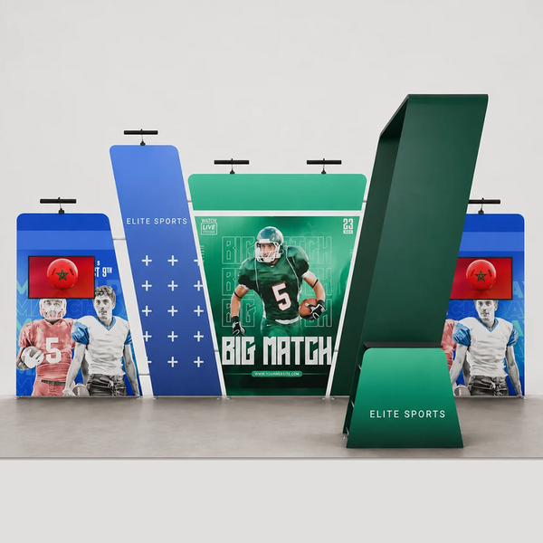 Kit de stand 6x3m avec cloisons en recouvrement, arche avec étagères et 2 supports TV
