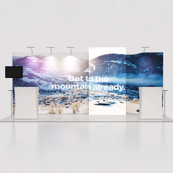 Kit de stand SEG rétroéclairé 3x6m avec support TV, tables et comptoirs LED