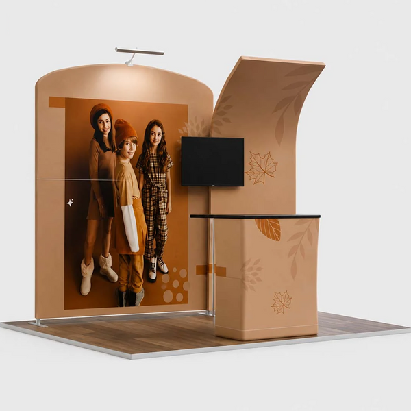 Kit de stand 3x3m avec mur incurvé et arche inclinée, comptoir et écran TV