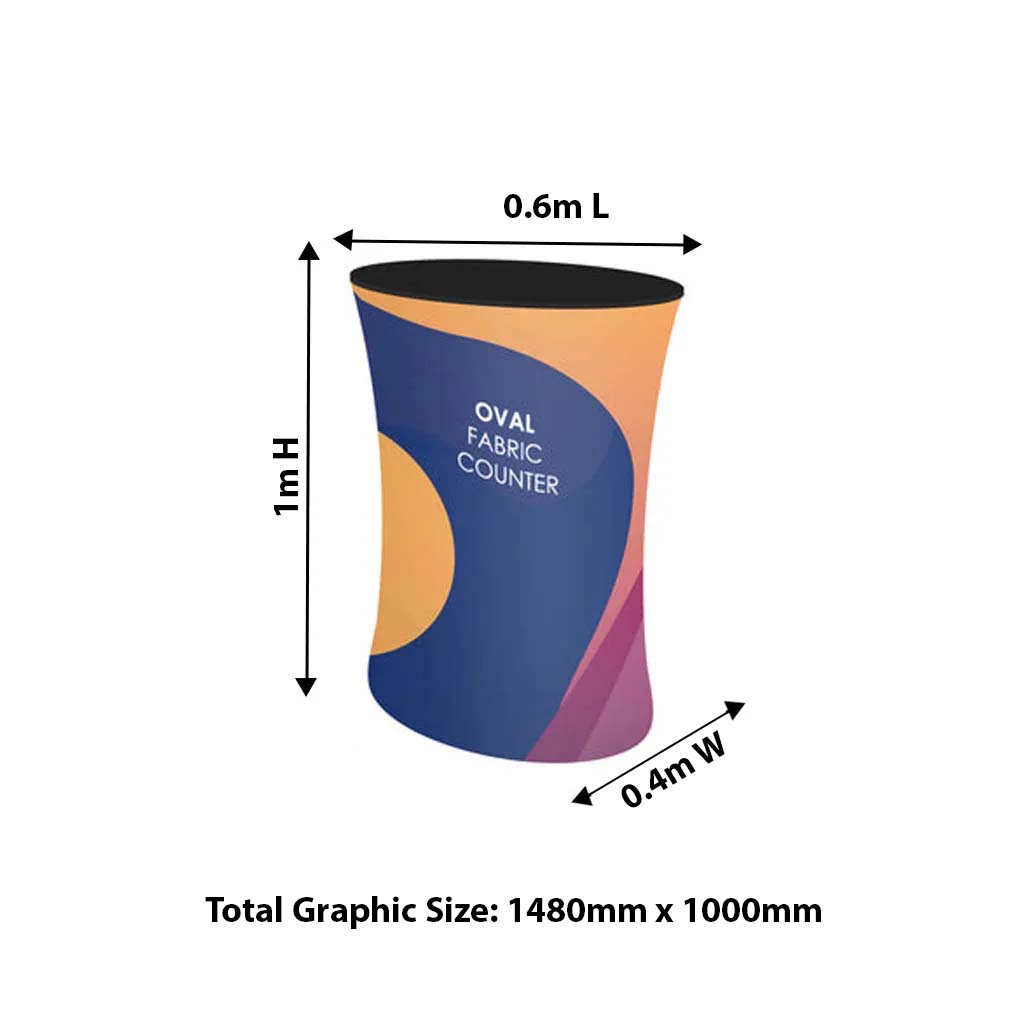 Oval fabric exhibition counter (for podiums and exhibition stands)