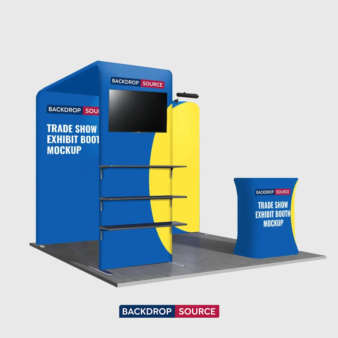 Kit de stand 3x3m avec tour pour écran en L, étagère et comptoir