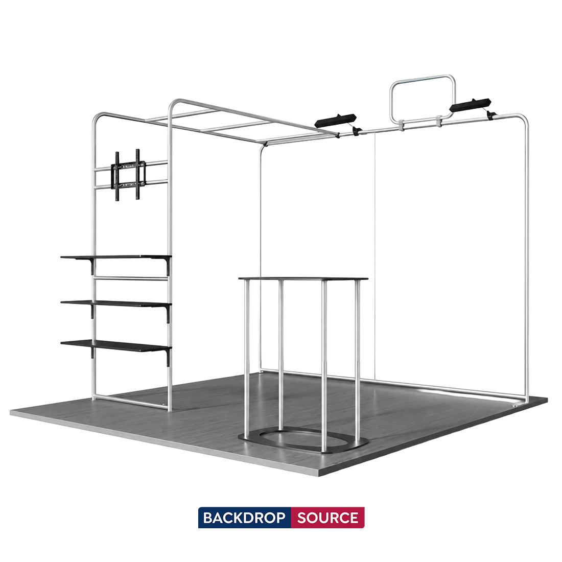 Kit de stand 3x3m avec tour pour écran en L, étagère et comptoir