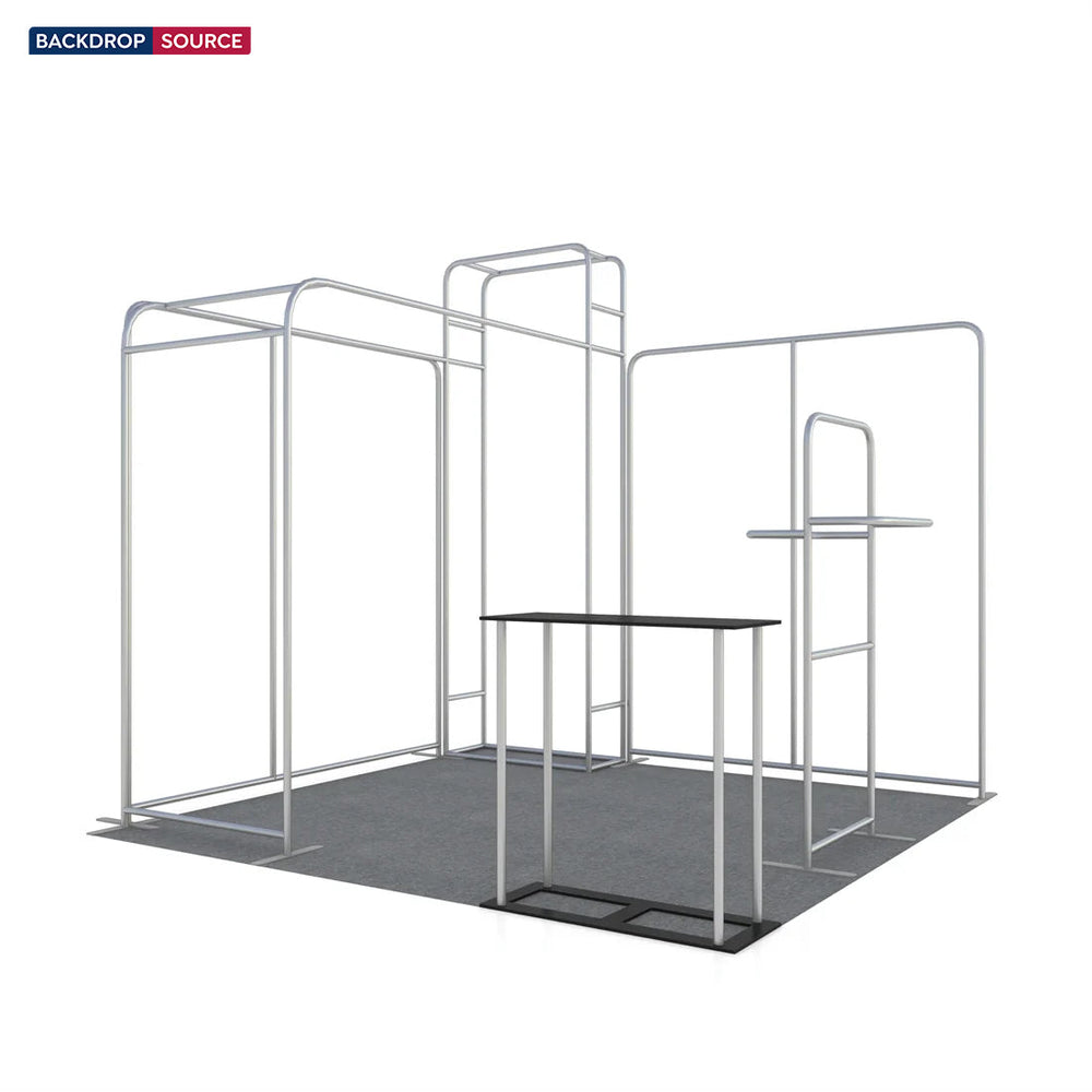 Kit de stand en L 3x3m avec mur à caisson d'étagères 3D et comptoir