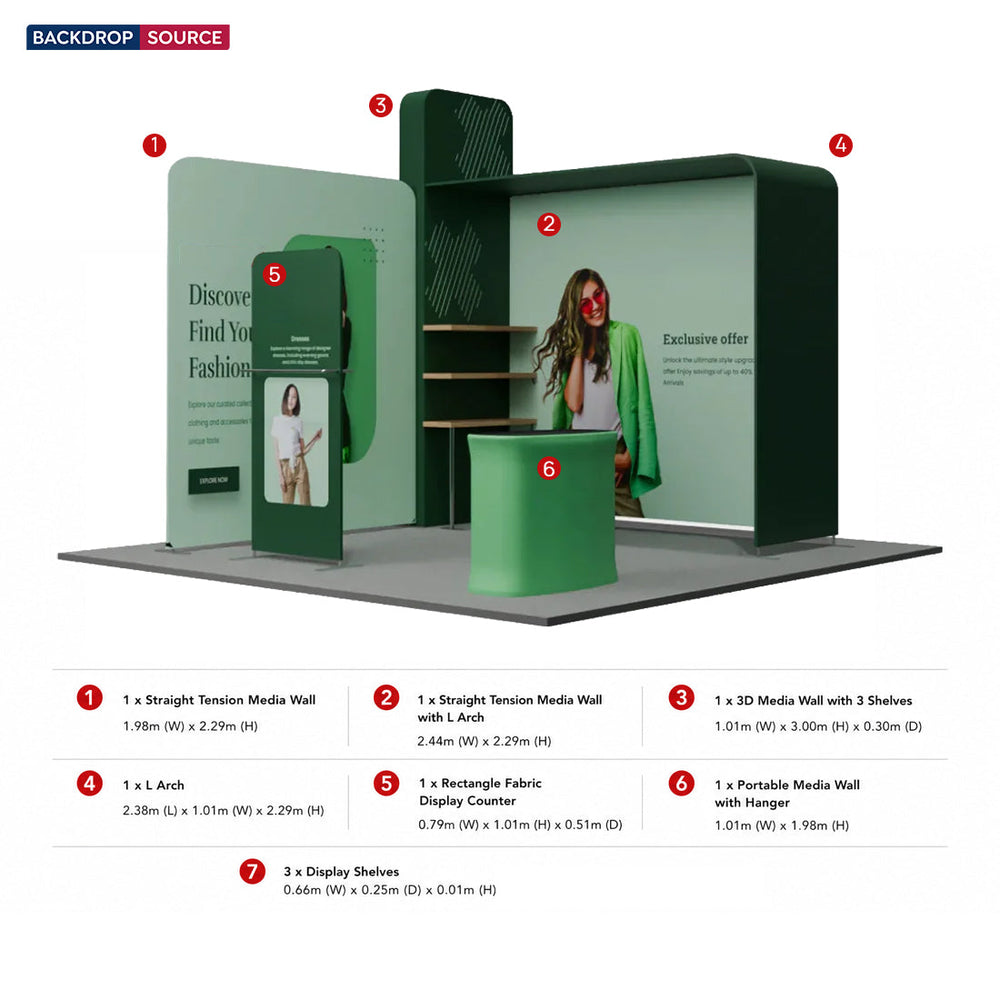 Kit de stand en L 3x3m avec mur à caisson d'étagères 3D et comptoir