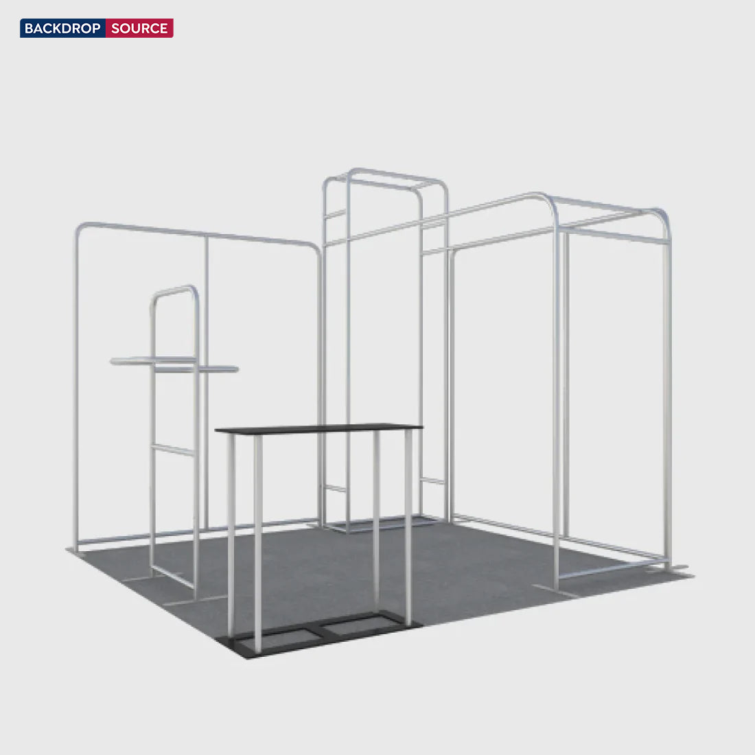 Kit de stand en L 3x3m avec mur à caisson d'étagères 3D et comptoir