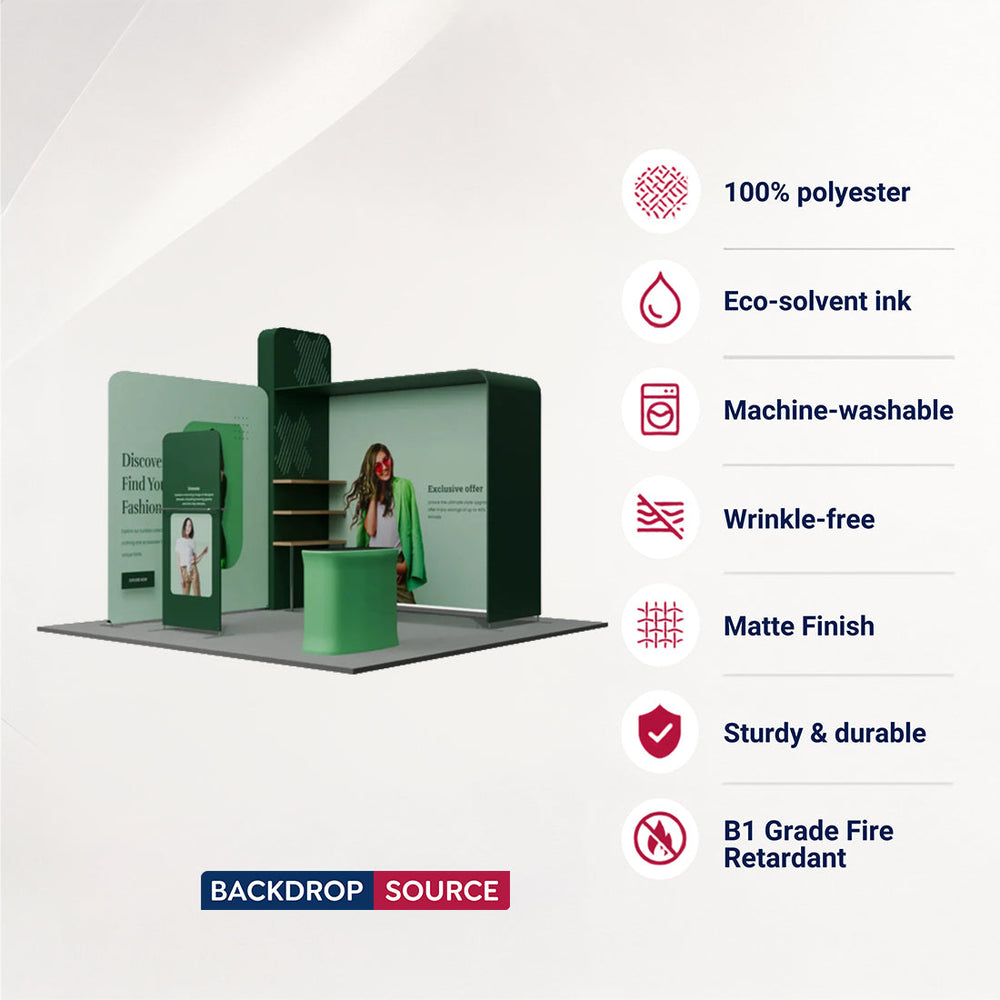 Kit de stand en L 3x3m avec mur à caisson d'étagères 3D et comptoir