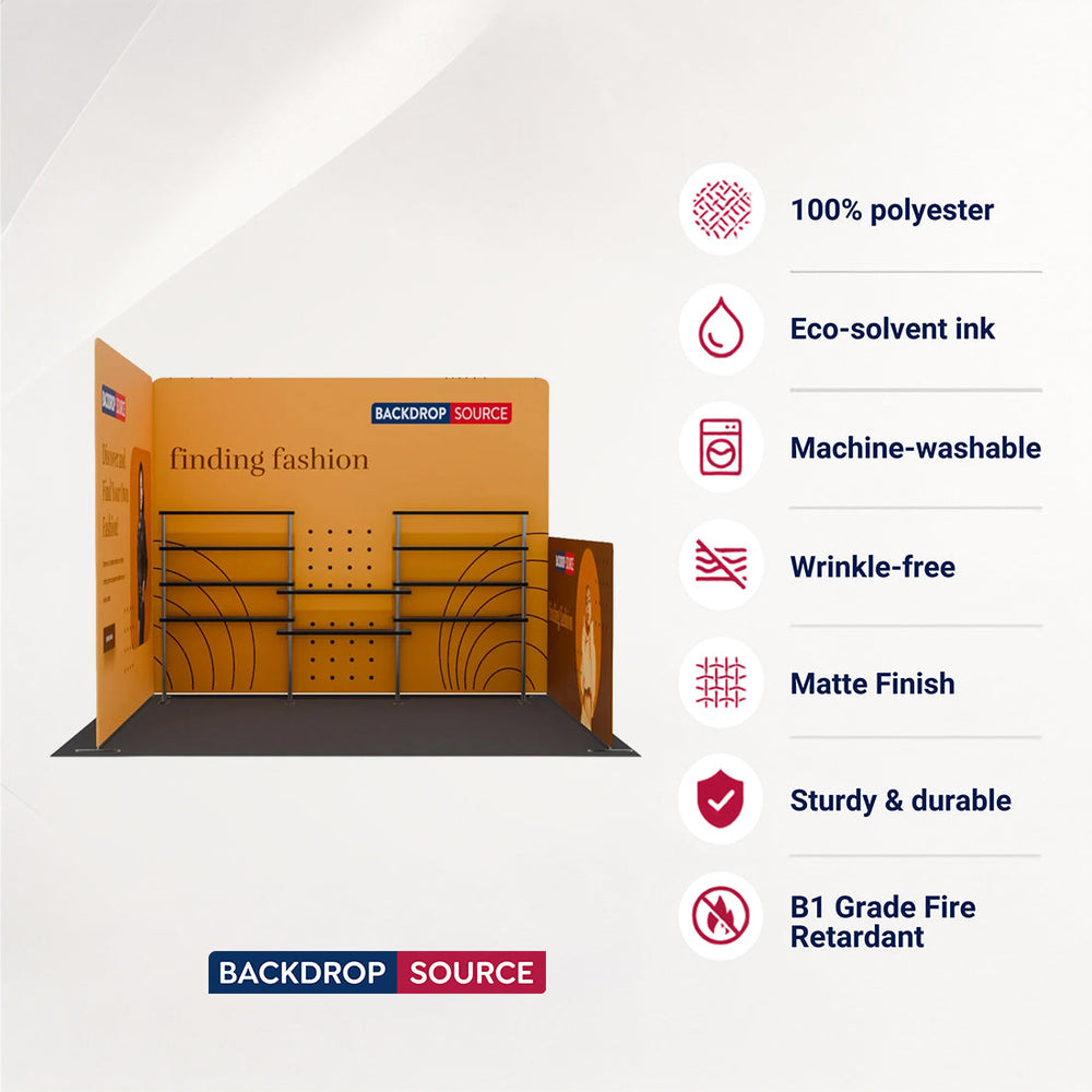 Kit de stand d'angle 3x3m avec murs de fond et latéraux & 10 étagères