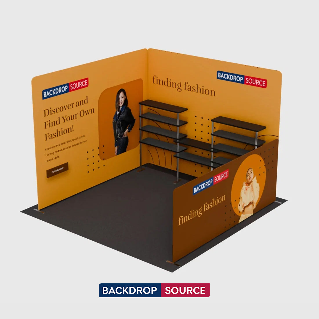 Kit de stand d'angle 3x3m avec murs de fond et latéraux & 10 étagères