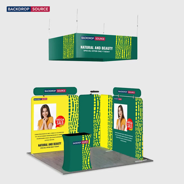 Kit de stand 3x3m avec cloisons modulaires, bannière suspendue et comptoir
