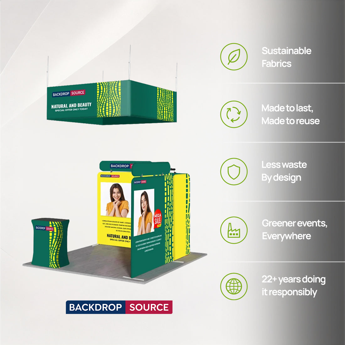 Kit de stand 3x3m avec cloisons modulaires, bannière suspendue et comptoir