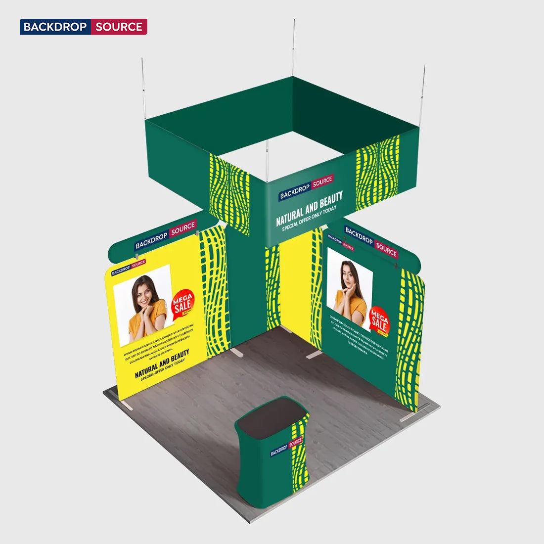 Kit de stand 3x3m avec cloisons modulaires, bannière suspendue et comptoir
