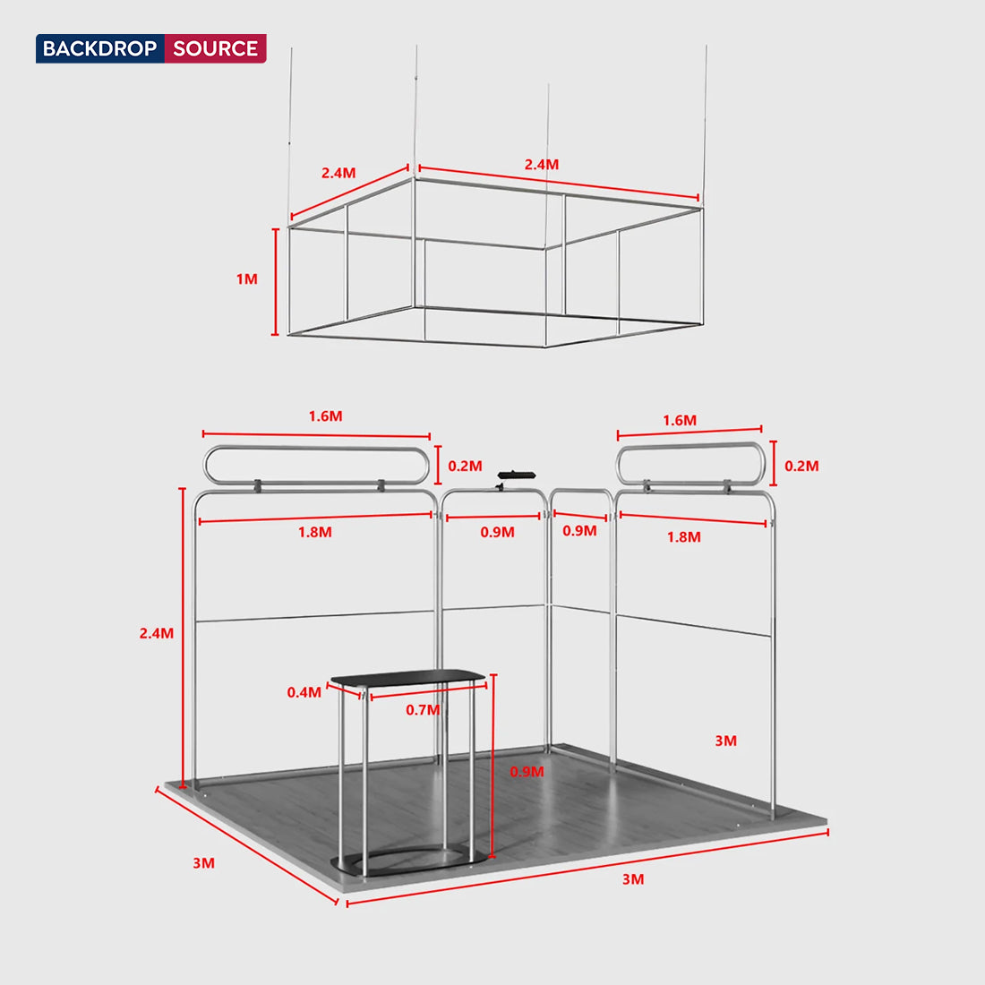 Kit de stand 3x3m avec cloisons modulaires, bannière suspendue et comptoir