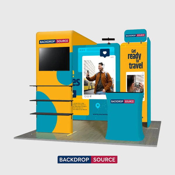 Kit de stand magnétique 3x3m avec arche en L, colonne porte-TV et comptoir