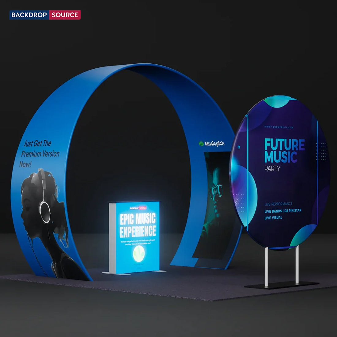 Kit de stand arche conique 3x3m avec fond circulaire et caisson lumineux