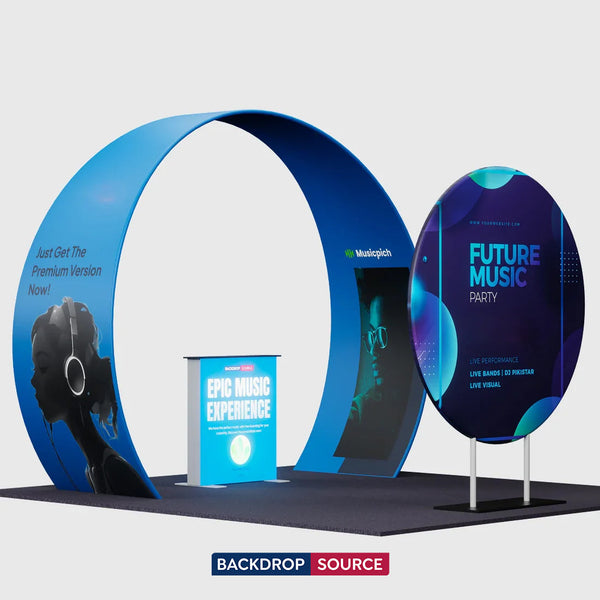 Kit de stand arche conique 3x3m avec fond circulaire et caisson lumineux