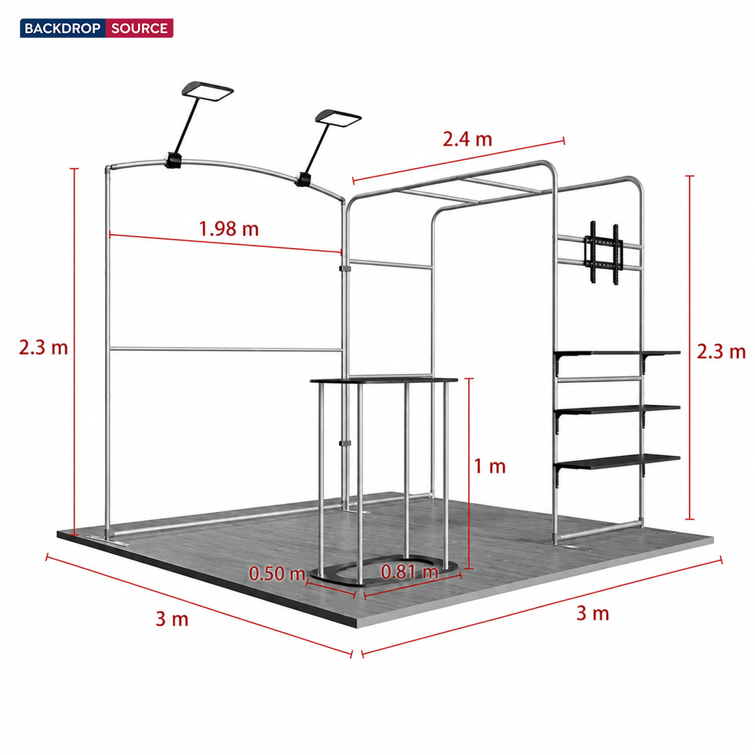 Kit de stand 3x3m avec arches inclinées et carrées, support TV et comptoir