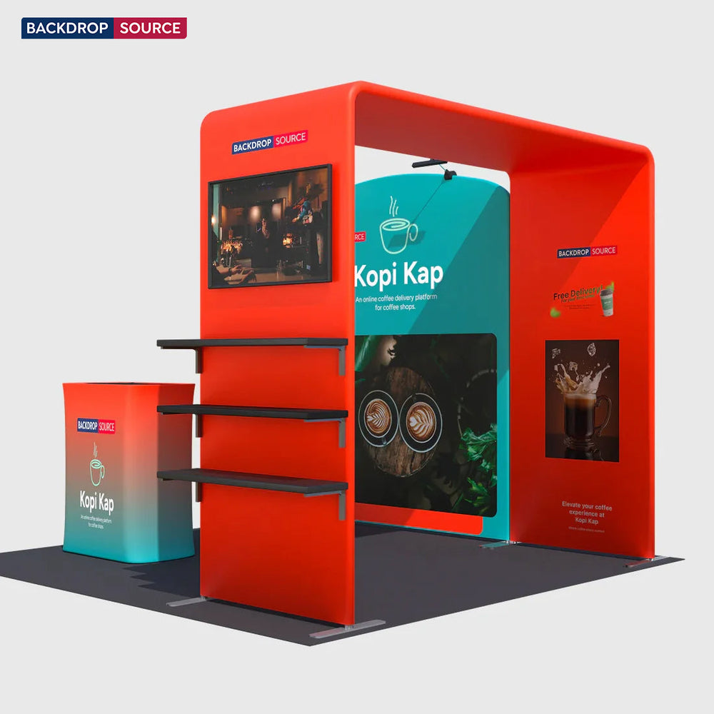 Kit de stand 3x3m avec arches inclinées et carrées, support TV et comptoir
