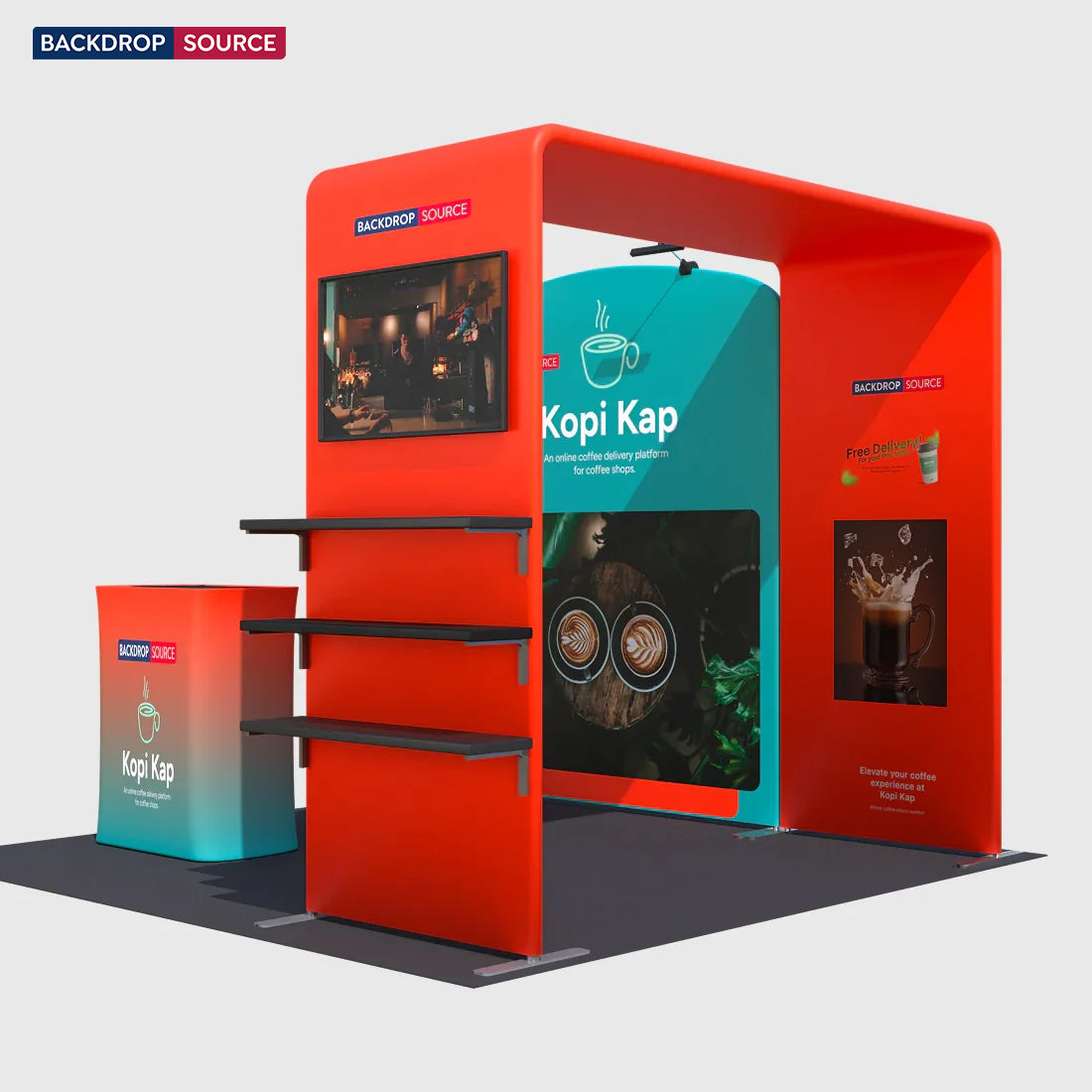 Kit de stand 3x3m avec arches inclinées et carrées, support TV et comptoir