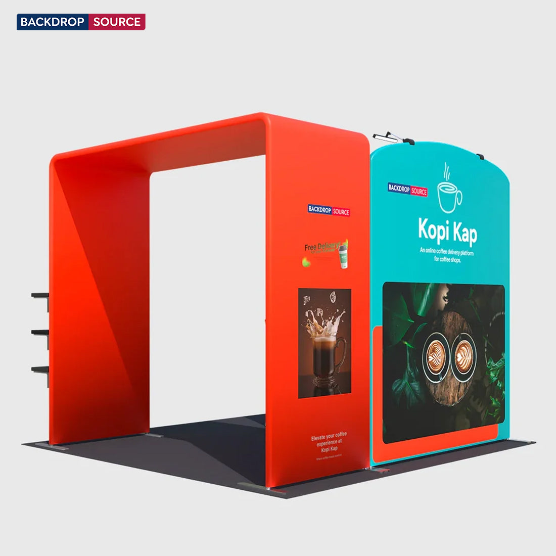 Kit de stand 3x3m avec arches inclinées et carrées, support TV et comptoir