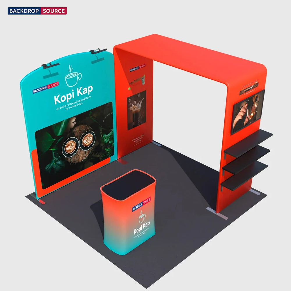 Kit de stand 3x3m avec arches inclinées et carrées, support TV et comptoir