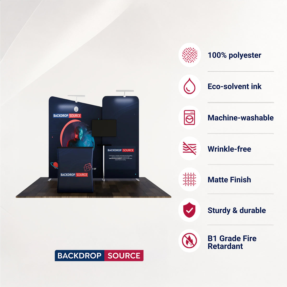 Kit de stand 3x3m avec cloisons droites et inclinées, comptoir et support TV
